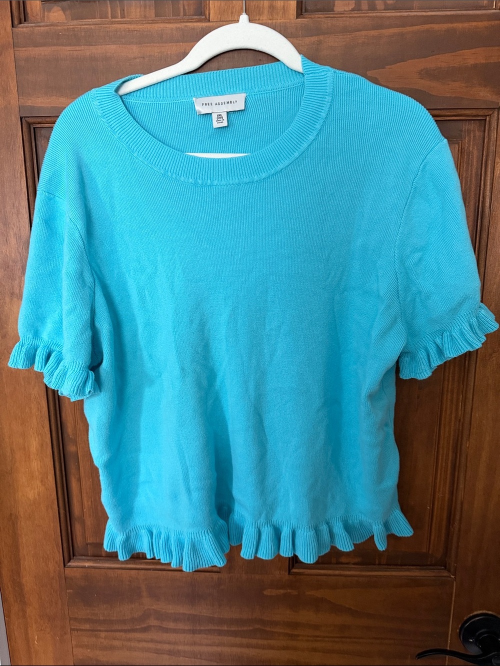 Free Assembly Teal Ruffle-Trim Short Sleeve Top